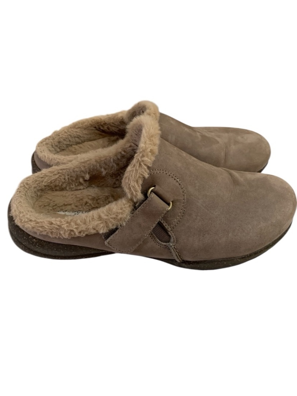 Clarks Roseville Taupe Gray Tan Suede Clogs Mules Faux Fur Women’s Size 7.5